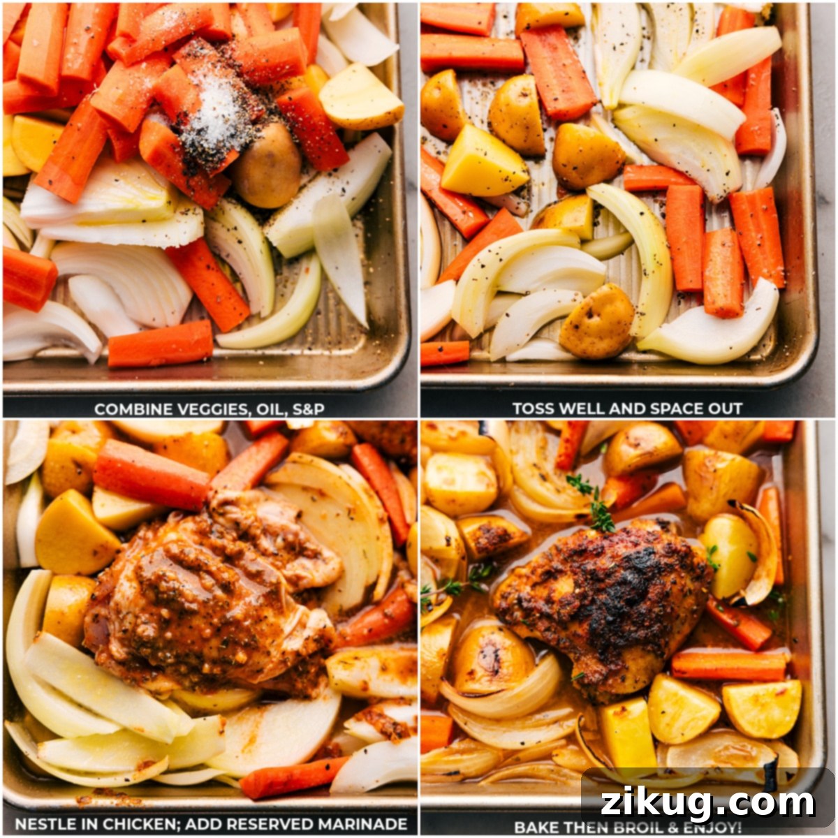 Baking One-Pan Chicken and Potatoes One-Pan Chicken and Potatoes baking in the oven, with all ingredients arranged on a sheet pan.
