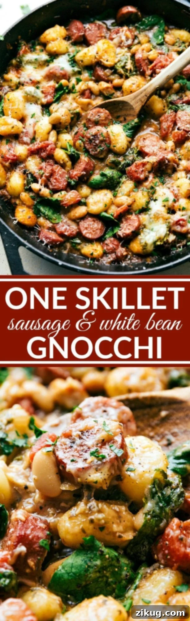 Single Skillet White Bean Gnocchi 2 Only ONE skillet needed for a delicious 30 minute dinner recipe. Garlic, onion, sausage, white beans, gnocchi, tomatoes, and spinach plus spices and cheese mix together to make an incredible dinner in thirty minutes. Recipe via chelseasmessyapron.com