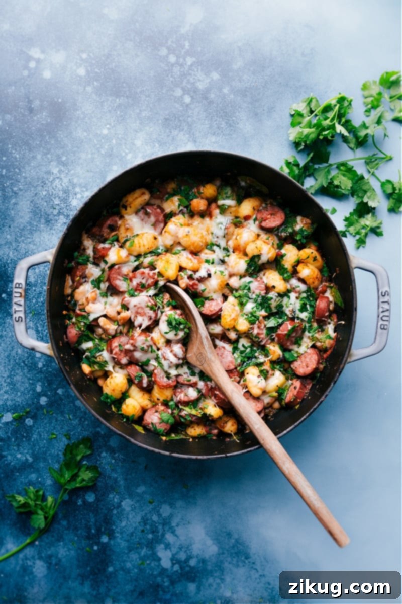 This White Bean Gnocchi combines aromatics, smoked sausage, savory white beans, tender gnocchi, fire-roasted tomatoes, and baby spinach for an explosion of flavor and textures! This nutritious and hearty meal can be prepared in less than 30 minutes and is made in one skillet! Recipe via chelseasmessyapron #dinner #comfort #comfortfood #best #delicious #easy #simple #onepan #whitebean #gnocchi Delicious White Bean Gnocchi with smoked sausage, tomatoes, and spinach in a skillet, topped with melted cheese.