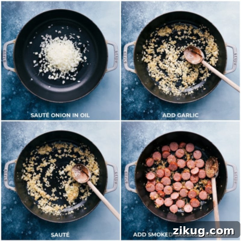 This White Bean Gnocchi combines aromatics, smoked sausage, savory white beans, tender gnocchi, fire-roasted tomatoes, and baby spinach for an explosion of flavor and textures! This nutritious and hearty meal can be prepared in less than 30 minutes and is made in one skillet! Recipe via chelseasmessyapron #dinner #comfort #comfortfood #best #delicious #easy #simple #onepan #whitebean #gnocchi Process shot showing onion, garlic, and sliced smoked sausage being sautéed in an oven-safe skillet.