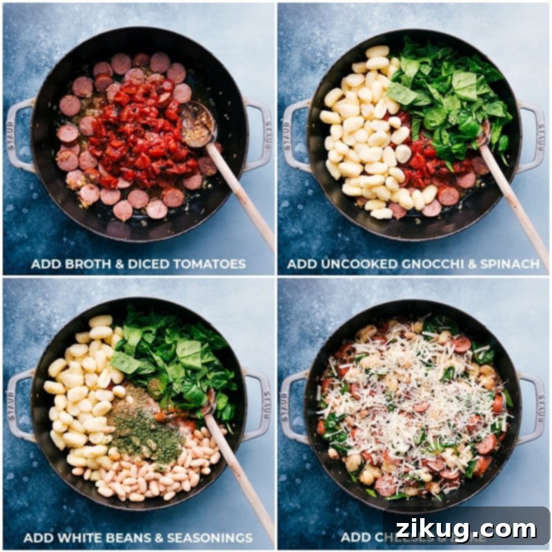 This White Bean Gnocchi combines aromatics, smoked sausage, savory white beans, tender gnocchi, fire-roasted tomatoes, and baby spinach for an explosion of flavor and textures! This nutritious and hearty meal can be prepared in less than 30 minutes and is made in one skillet! Recipe via chelseasmessyapron #dinner #comfort #comfortfood #best #delicious #easy #simple #onepan #whitebean #gnocchi Process shot showing all ingredients including gnocchi, beans, tomatoes, and spinach added to the skillet with sautéed aromatics and sausage.