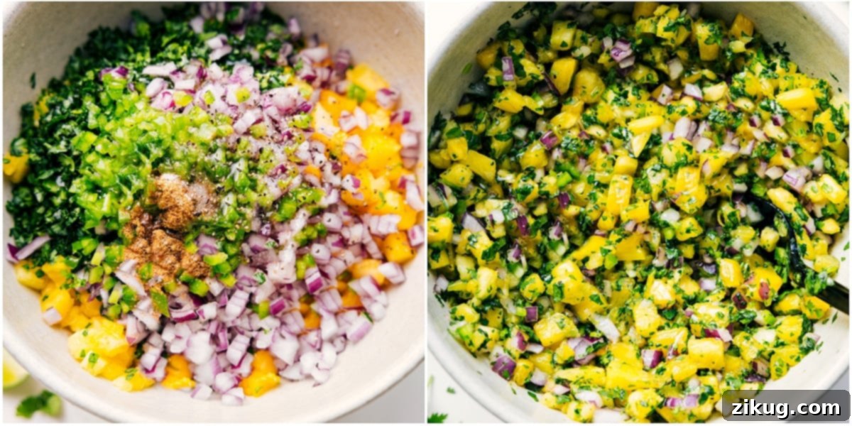 How To Make The Best Pineapple Salsa Preparing the fresh pineapple salsa: combining finely diced pineapple, jalapeño, cilantro, red onions, and lime juice in a bowl.