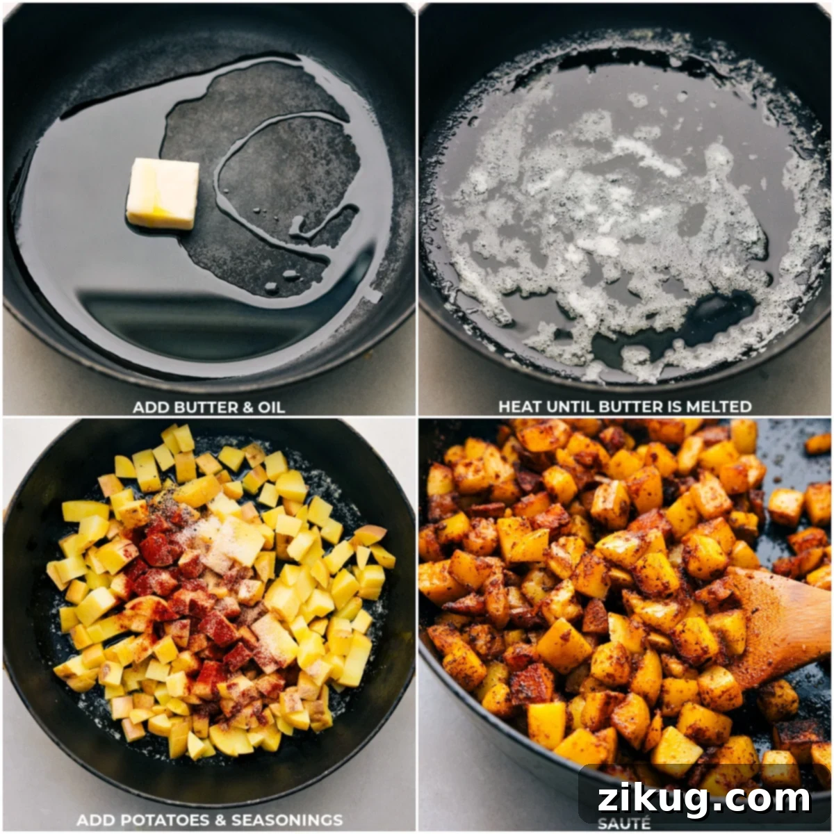 Life Changing Breakfast Skillet Potatoes Butter, oil, veggies, and seasonings being added to a pan and all being cooked together, capturing the cooking process.