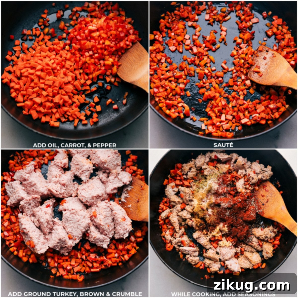 Oil, carrots, pepper, ground turkey, and seasonings being added to a skillet for this ground turkey meal prep.