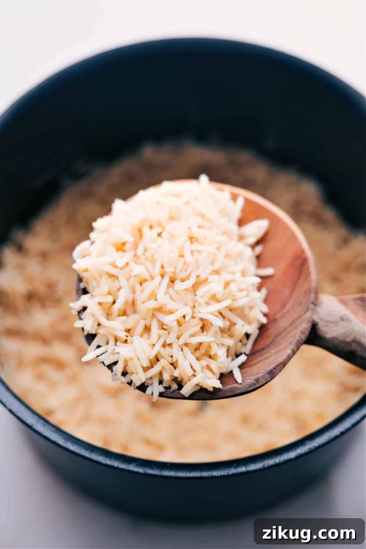 Big spoonful of Bone Broth Rice, showcasing its fluffy texture and rich, inviting color.