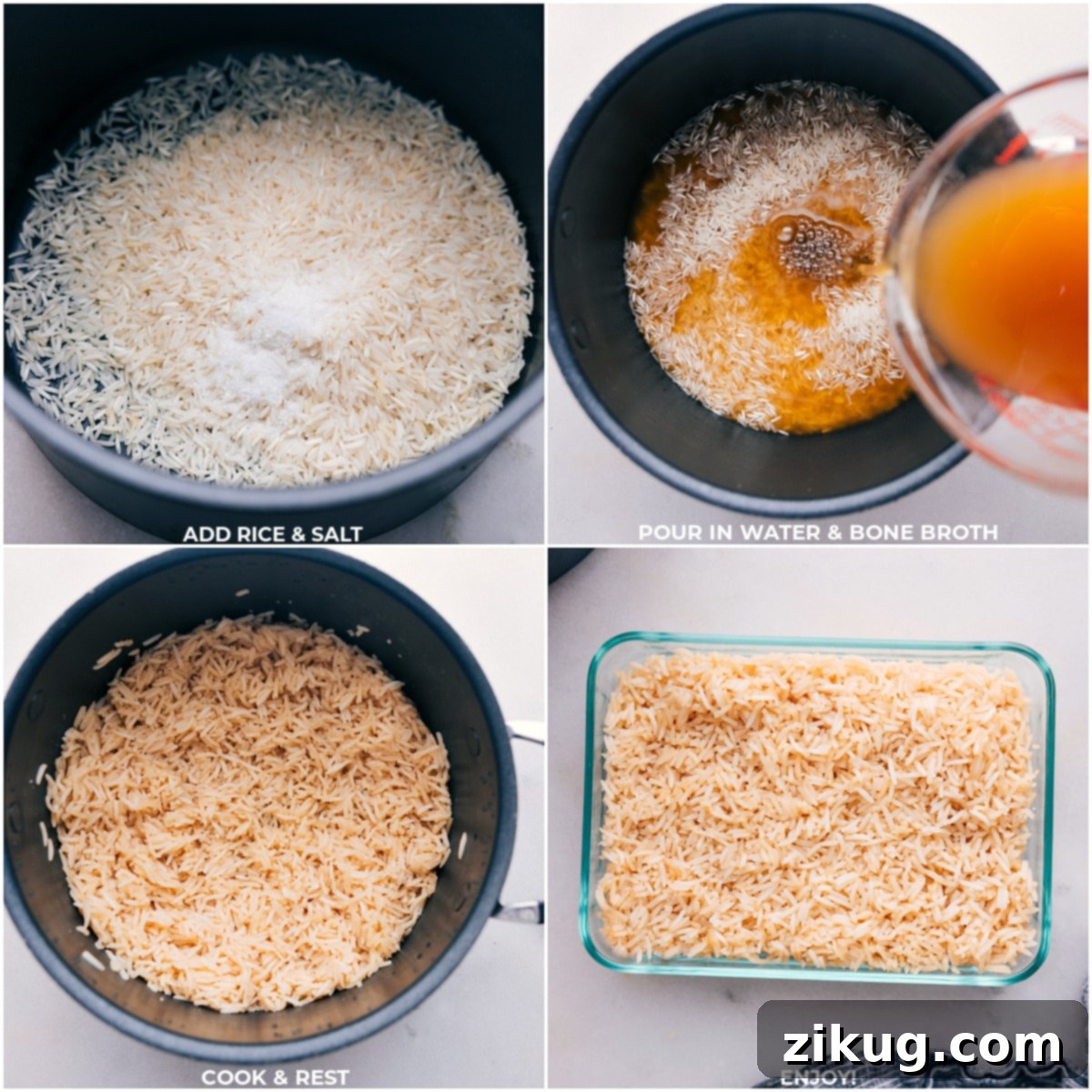 The journey of making Bone Broth Rice, from adding initial ingredients to a pot to the final perfectly cooked and fluffed rice.