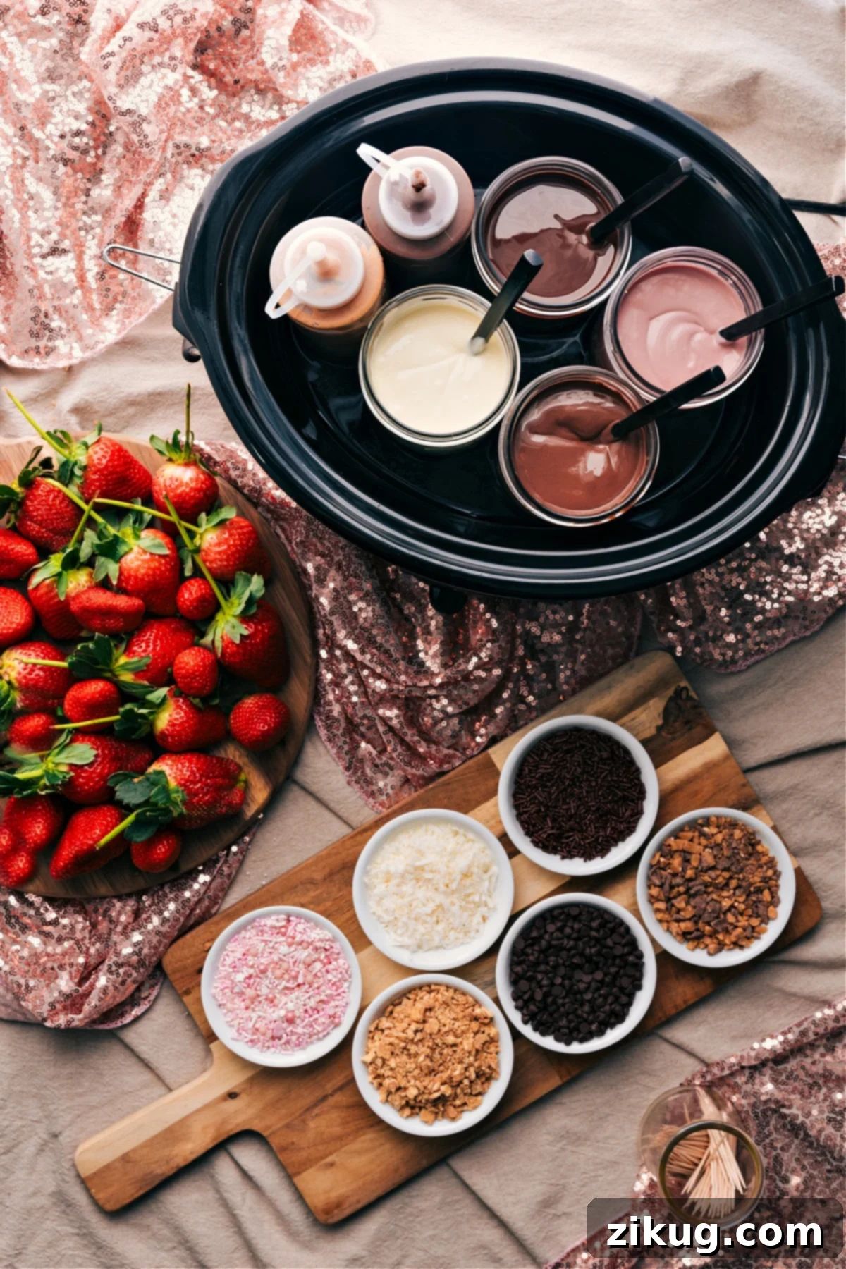 The Ultimate Chocolate-Covered Strawberry Dessert Bar: Ready to delight your guests. A beautifully arranged Chocolate-Covered Strawberry Dessert Bar with fresh strawberries, melted chocolates, and a variety of colorful toppings, inviting guests to customize their treats.
