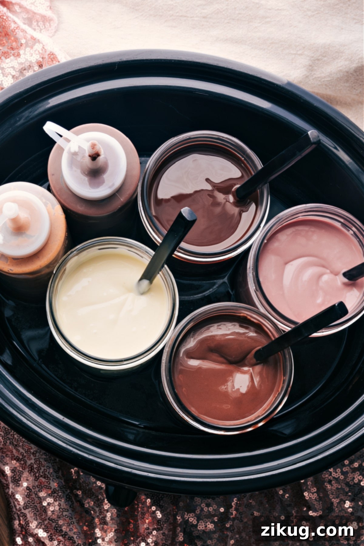 Delicious Chocolate-Covered Strawberry Dessert Bar: Keeping the chocolate perfectly warm. A slow cooker filled with warm water acting as a bain-marie, carefully holding glass jars of melted chocolate to keep them perfectly warm and silky smooth for dipping.