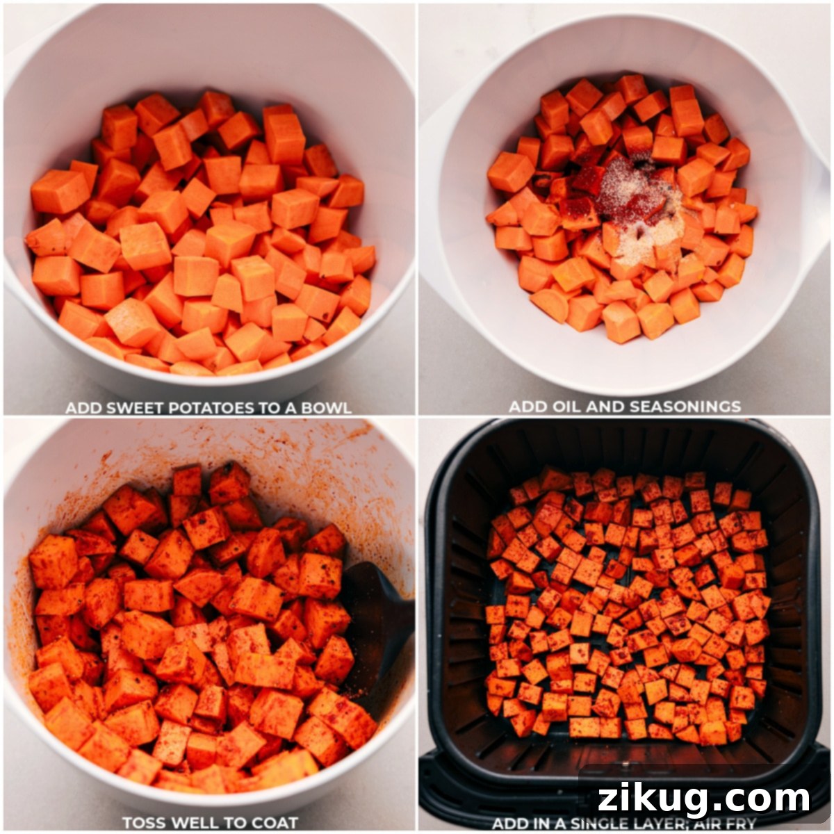 Prepping Air Fryer Sweet Potatoes for cooking Series of images showing sweet potatoes being chopped, seasoned in a bowl, and then placed in an air fryer basket.