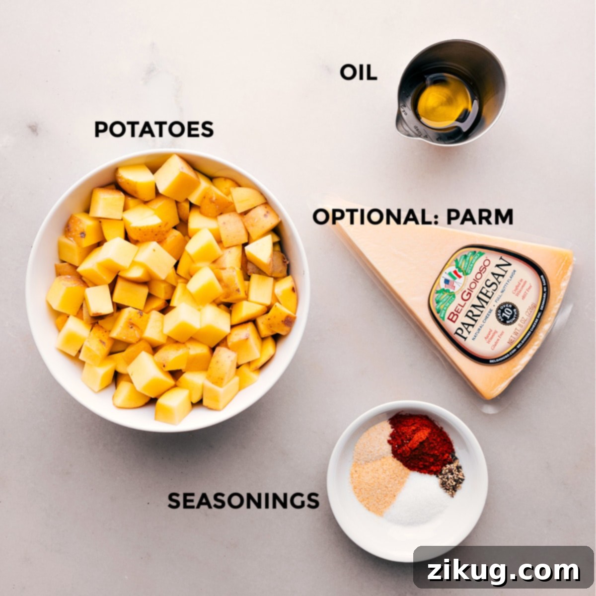 Simple Ingredients for Crispy Air Fryer Breakfast Potatoes A vibrant selection of ingredients for Air Fryer Breakfast Potatoes, neatly arranged and ready for preparation.