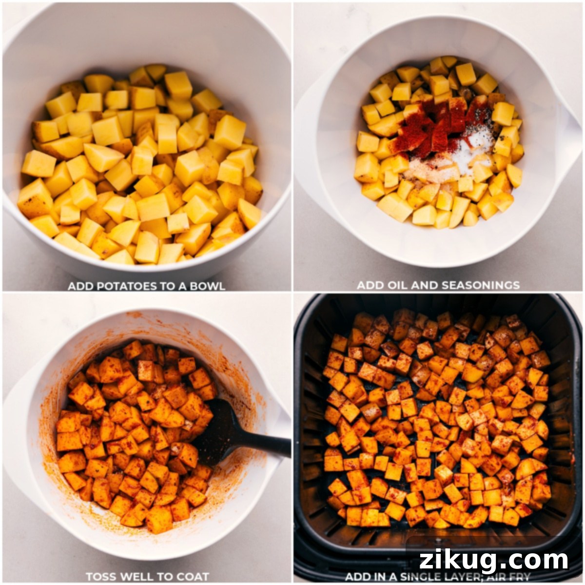 Easy Steps to Crispy Air Fryer Breakfast Potatoes Step-by-step photos illustrating the preparation of Air Fryer Breakfast Potatoes: cubed potatoes in a bowl, seasoning added, and potatoes in an air fryer basket.