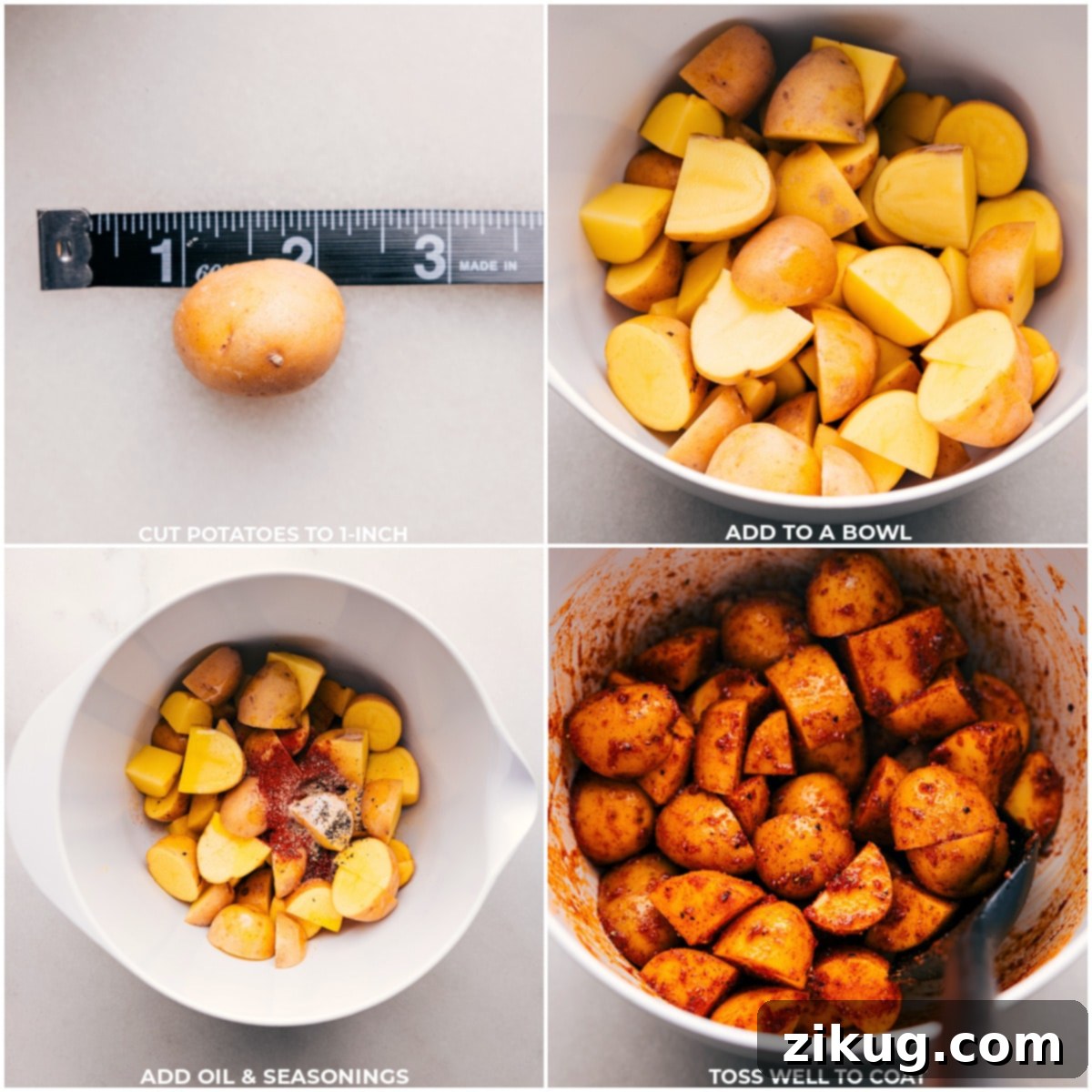Preparing Our Favorite Air Fryer Potatoes Potatoes being chopped, seasoned, and prepped for these Air Fryer Potatoes, showing the steps clearly.