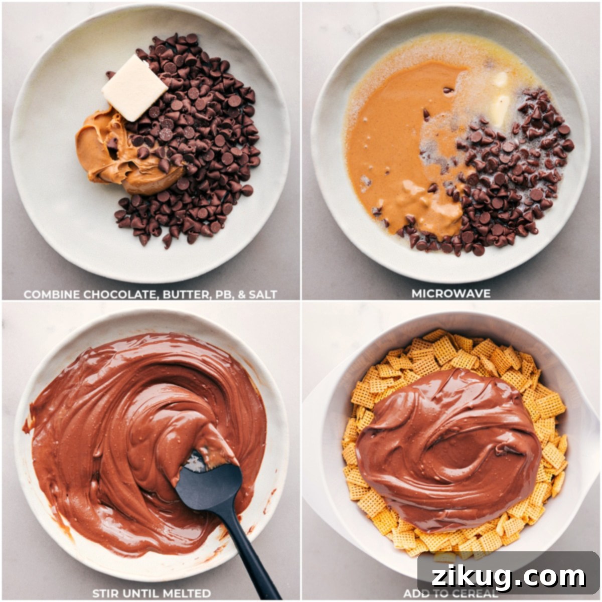Creating the Heart of Valentine Muddy Buddies: The Chocolate-Peanut Butter Coating The delicious process of melting chocolate, creamy peanut butter, unsalted butter, and a pinch of salt together in a microwave-safe bowl, before adding the rich mixture to the Chex cereal for Valentine Muddy Buddies.