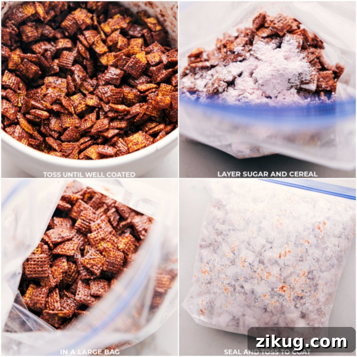 The Final Flourish: Sugar Coating the Delicious Valentine Snack Mix The moment of adding the freshly chocolate-coated Valentine Muddy Buddies into a plastic bag with powdered sugar for the final dusting and mixing process.