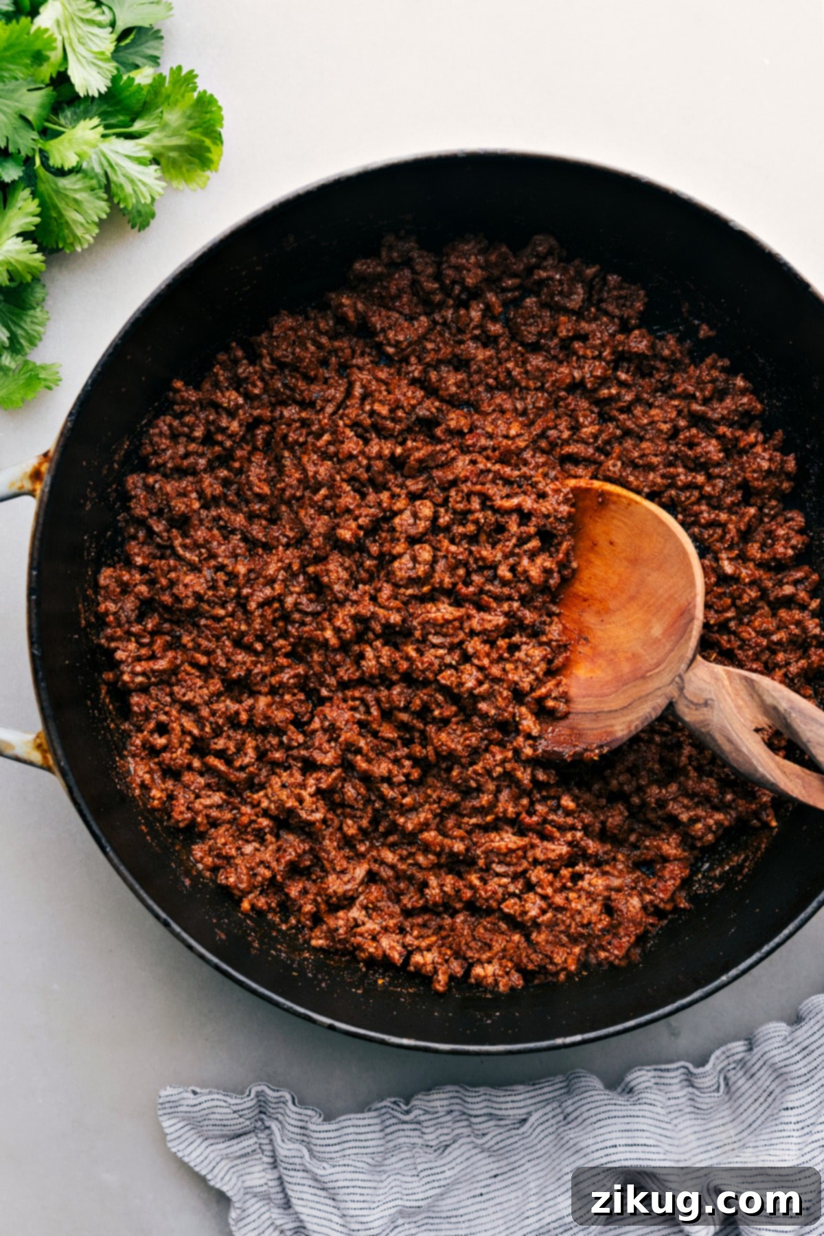 Flavorful Taco Meat in Pan Delicious taco meat recipe ready to be served in a skillet.