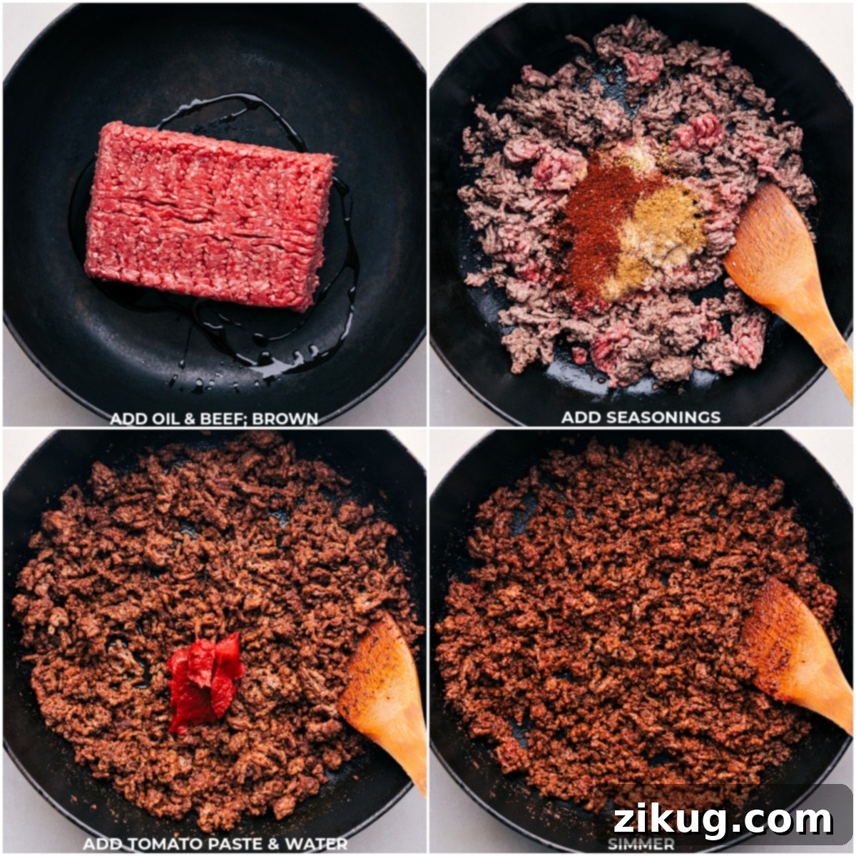 Cooking Taco Meat Ingredients Ground beef, homemade taco seasoning, tomato paste, and water being mixed in a skillet for the Taco Meat Recipe.