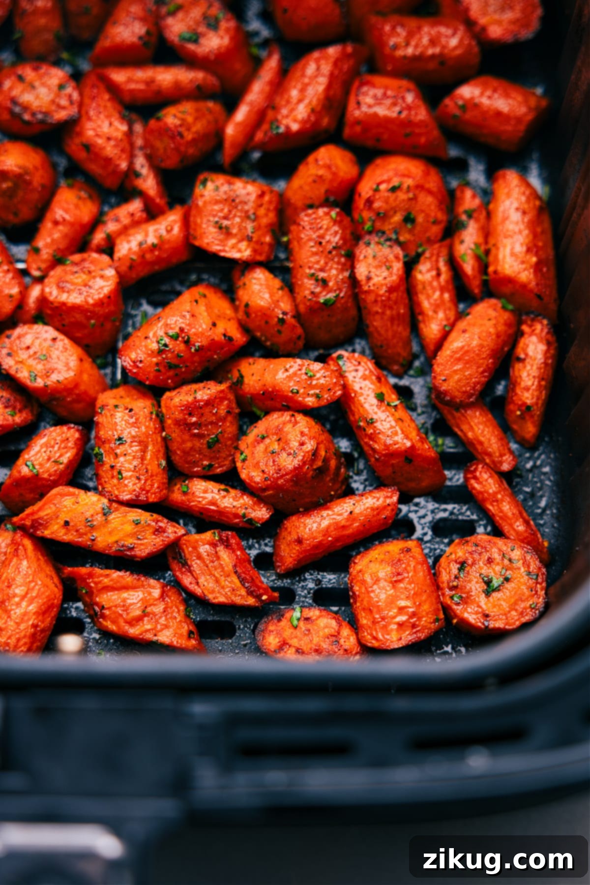 Delicious Air Fryer Carrots The freshly cooked, delicious air fried carrots, ready to be enjoyed.