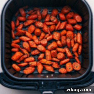 Crispy Air-Fried Carrots 5 Air fryer carrots fresh out of the air fryer, perfectly golden and crispy.