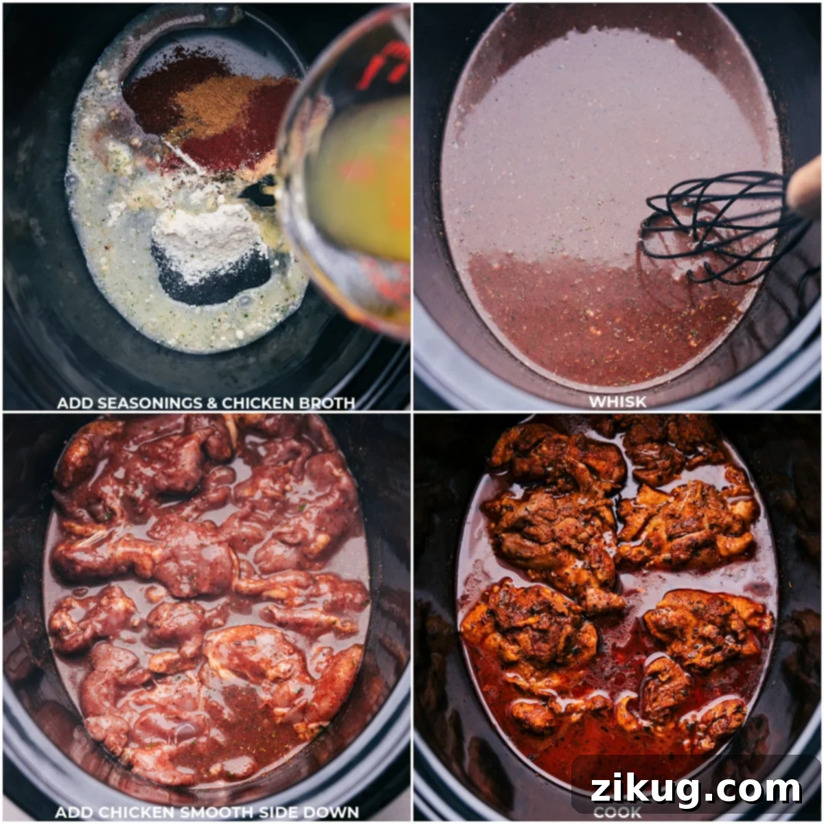 A step-by-step photo collage illustrating the preparation process: dry seasonings are mixed, then chicken broth is added, followed by chicken thighs being coated in the flavorful liquid inside the slow cooker, for Crockpot Chicken Tacos.