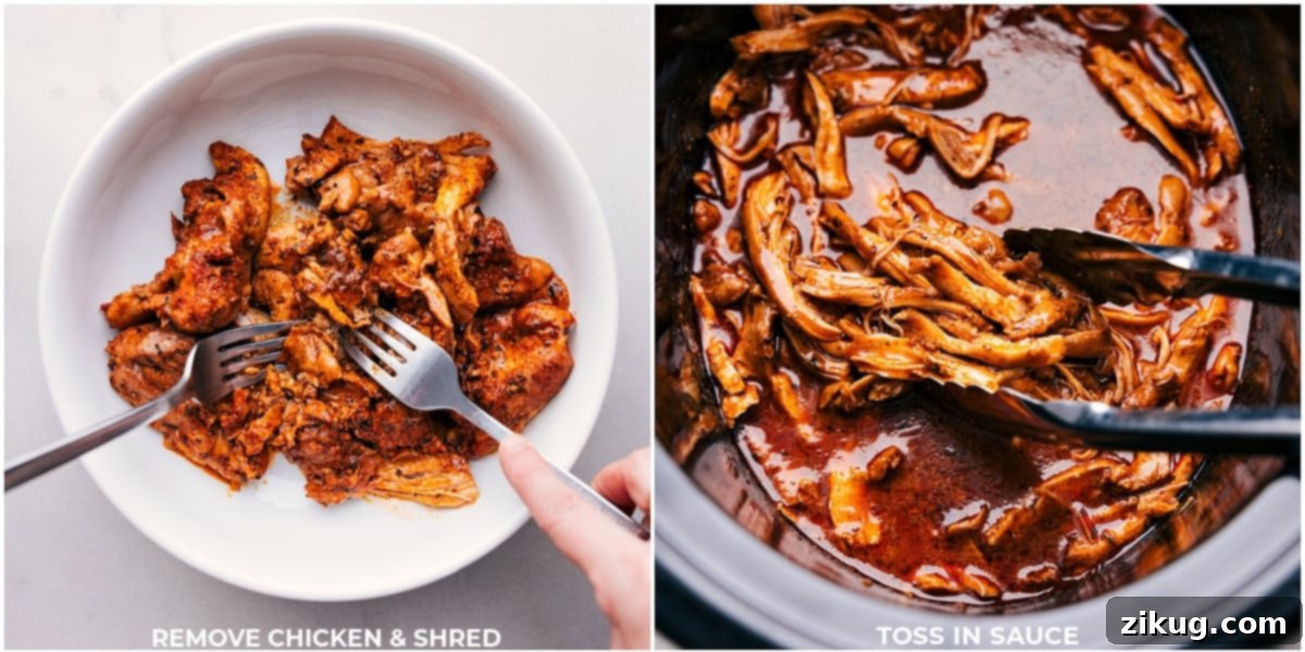 A two-part image showing cooked chicken being shredded with two forks and then tossed gently in the flavorful sauce within the slow cooker, for ultimate tenderness and taste.