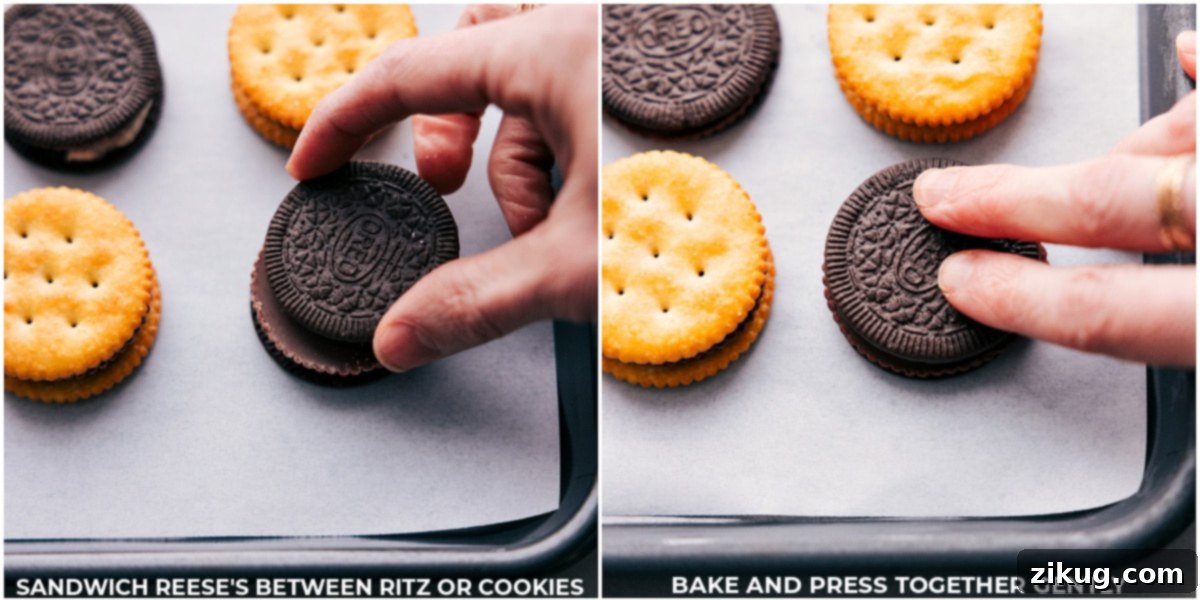Making Ritz Cracker Peanut Butter Cups Photo illustrating how to layer on the ingredients for this recipe: Ritz cracker, Reese's Thin, then another Ritz cracker.
