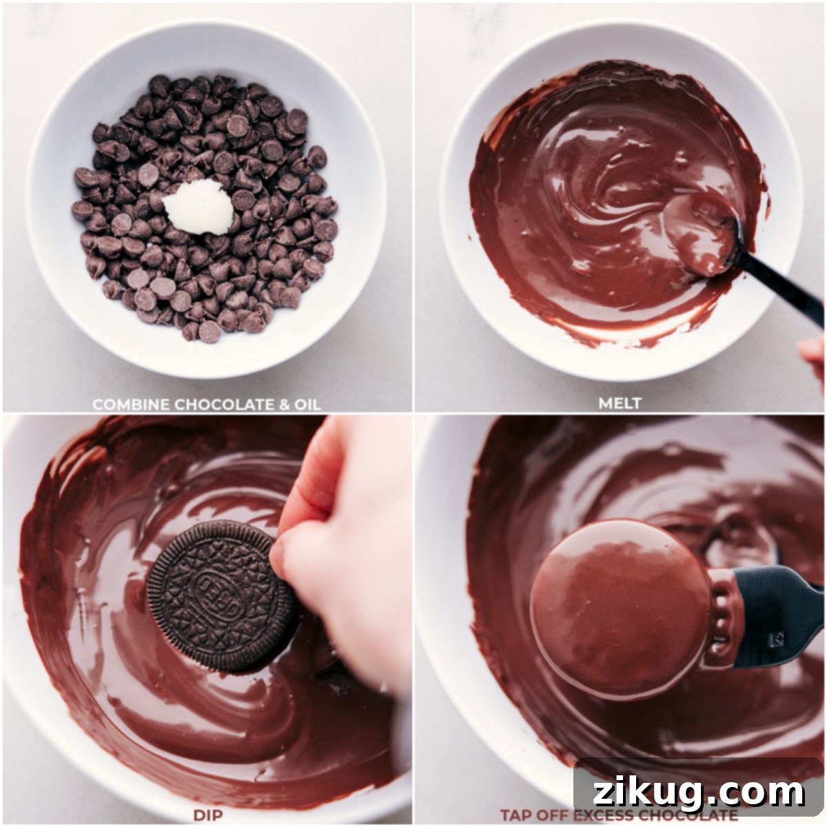 Our Favorite Ritz Cracker Peanut Butter Cups A series of images demonstrating melting chocolate in a bowl and dipping the treats into the melted chocolate.