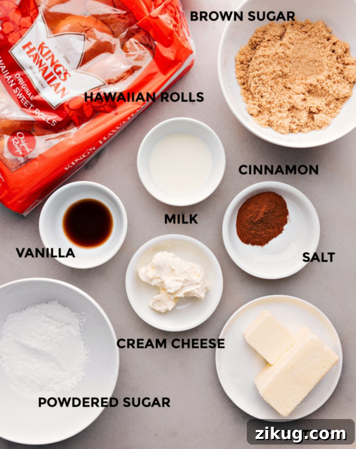 Image showing all the ingredients for Hawaiian Roll Cinnamon Rolls prepped out and ready for easy assembly.