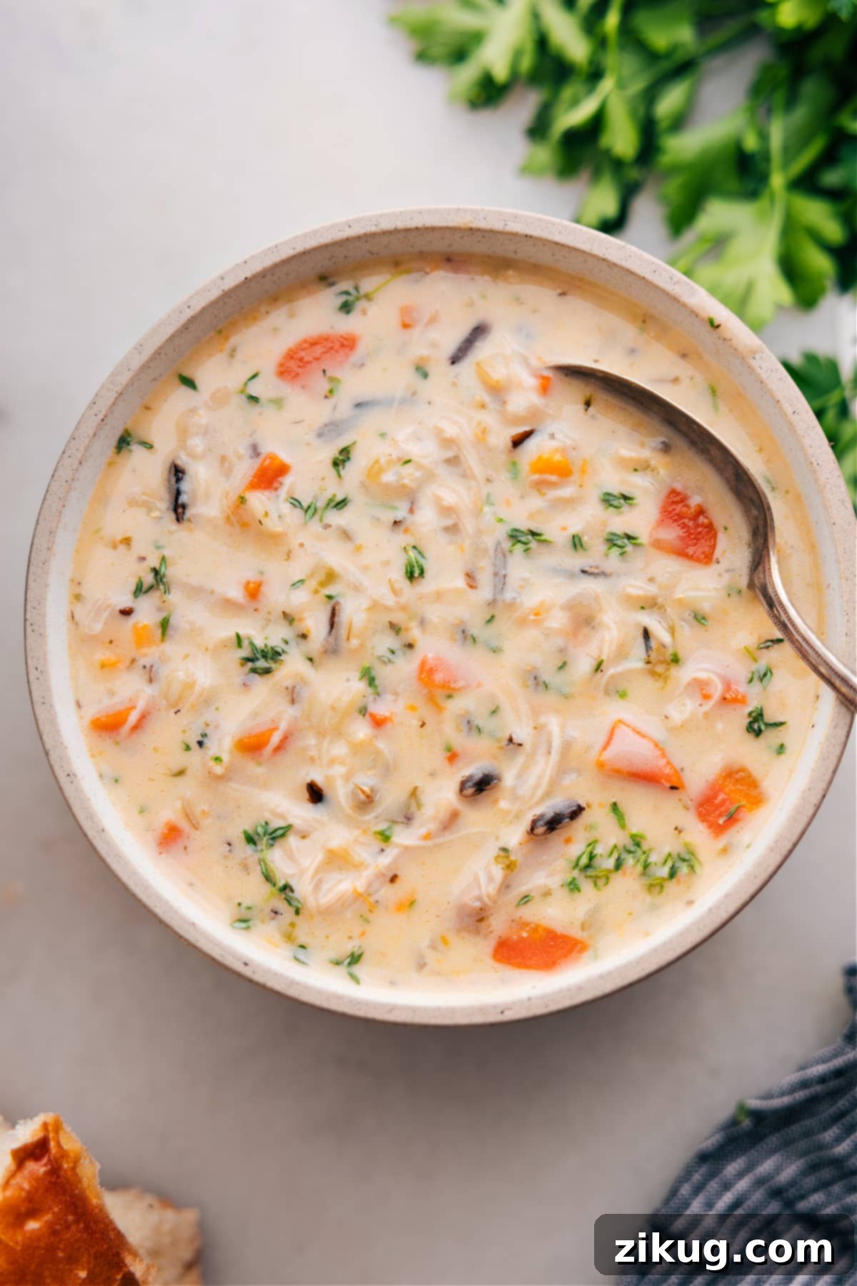 The Best And Easiest Crockpot Chicken Wild Rice Soup. Enjoy a warm bowl of creamy Crockpot Chicken Wild Rice Soup, garnished with fresh herbs.