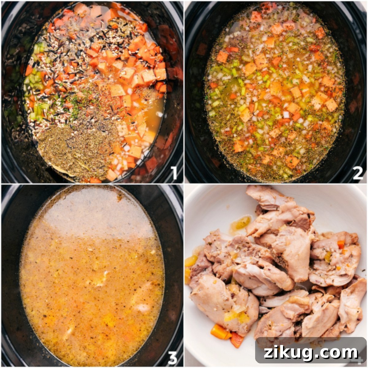 How To Make Crockpot Chicken Wild Rice Soup All raw ingredients including chicken, wild rice, and vegetables are combined in a slow cooker, ready for cooking.