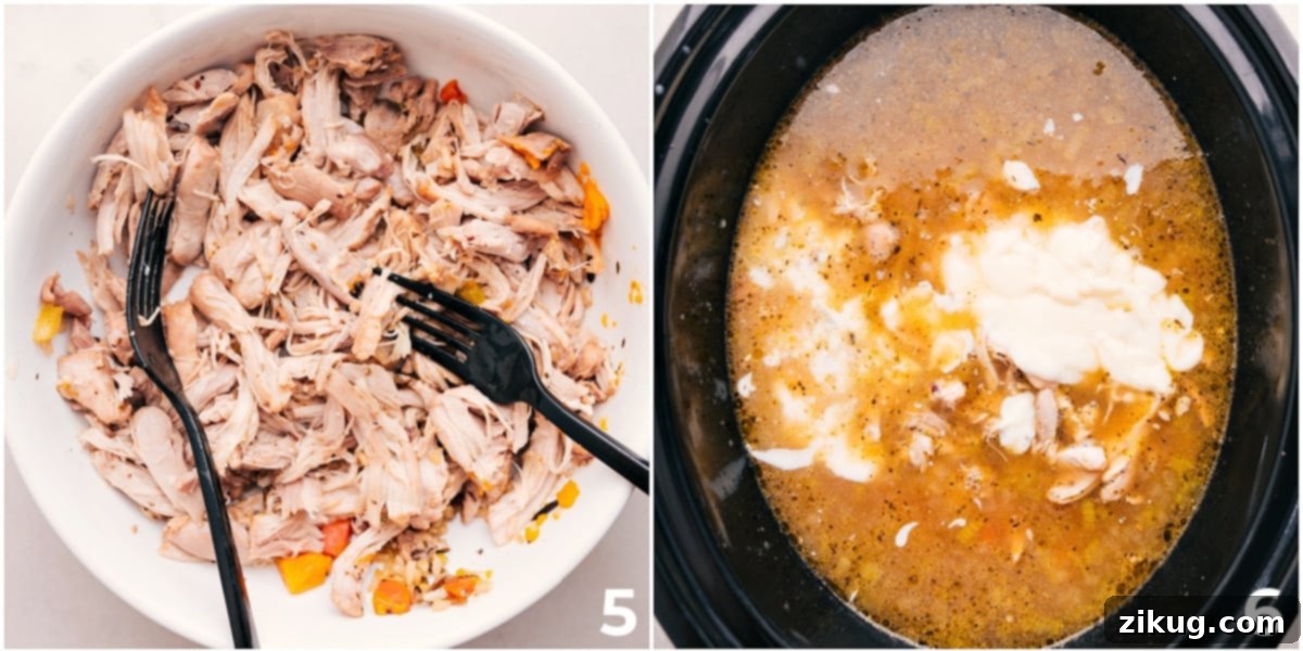 Slow Cooker Chicken Wild Rice Soup Recipe Shredded chicken and the creamy roux are stirred back into the slow cooker, creating a rich and hearty chicken wild rice soup.