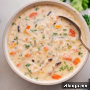 A bowl of creamy Crockpot Chicken Wild Rice Soup