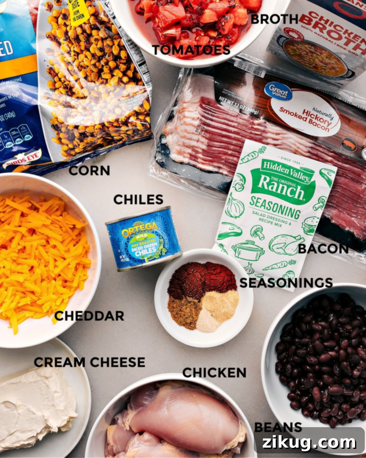 Crockpot Crack Chicken Chili Ingredients All the fresh ingredients used in this Crack Chicken Chili recipe, prepped and ready for easy cooking.