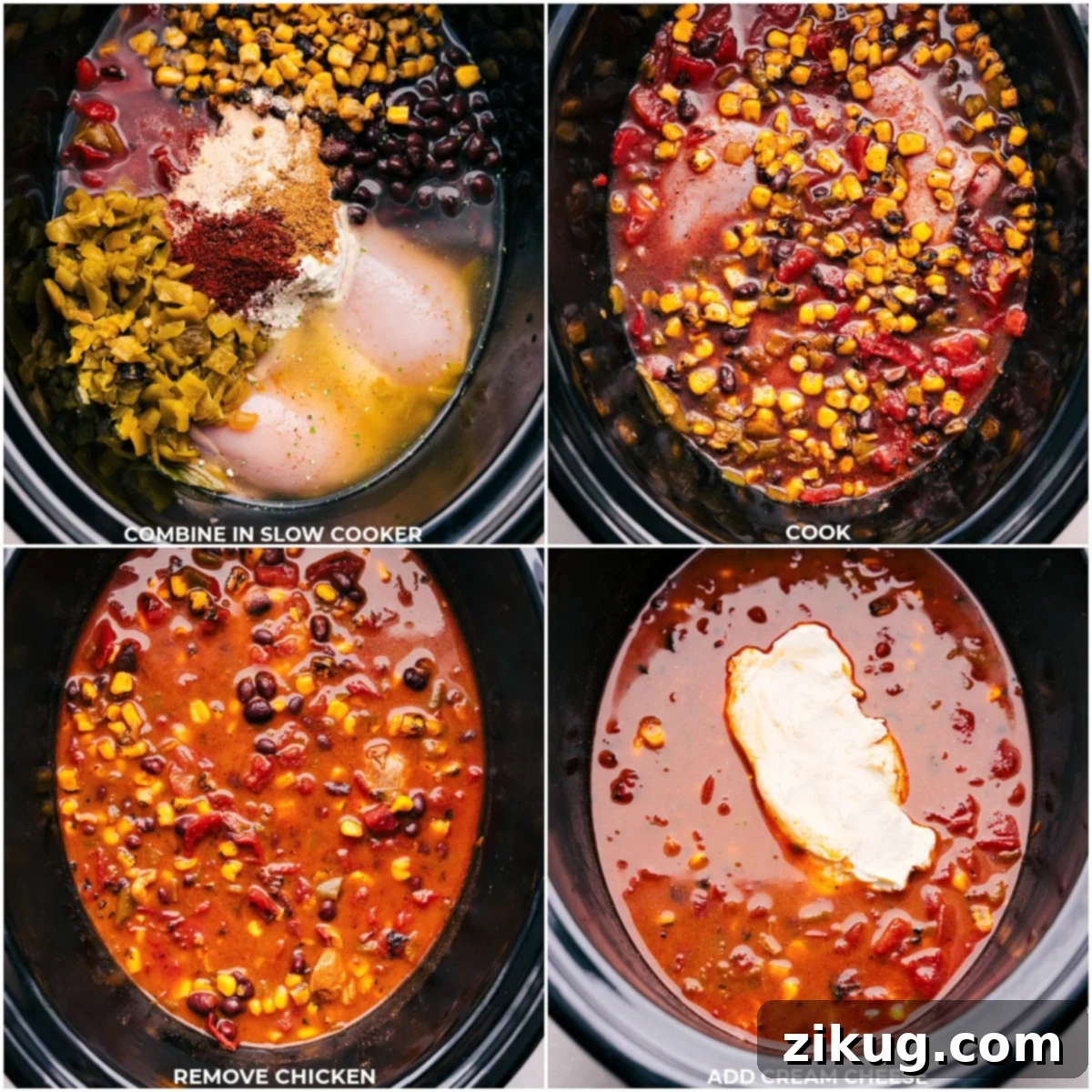 Our Favorite Slow Cooker Crack Chicken Chili All the ingredients being added to the slow cooker and it all being cooked for this crack chicken chili.
