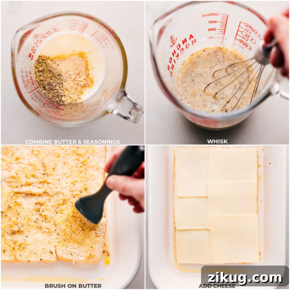 Melted butter combined with a vibrant mix of herbs and spices in a small bowl, ready to be brushed onto Hawaiian rolls filled with cheese and pepperoni for pizza sliders.