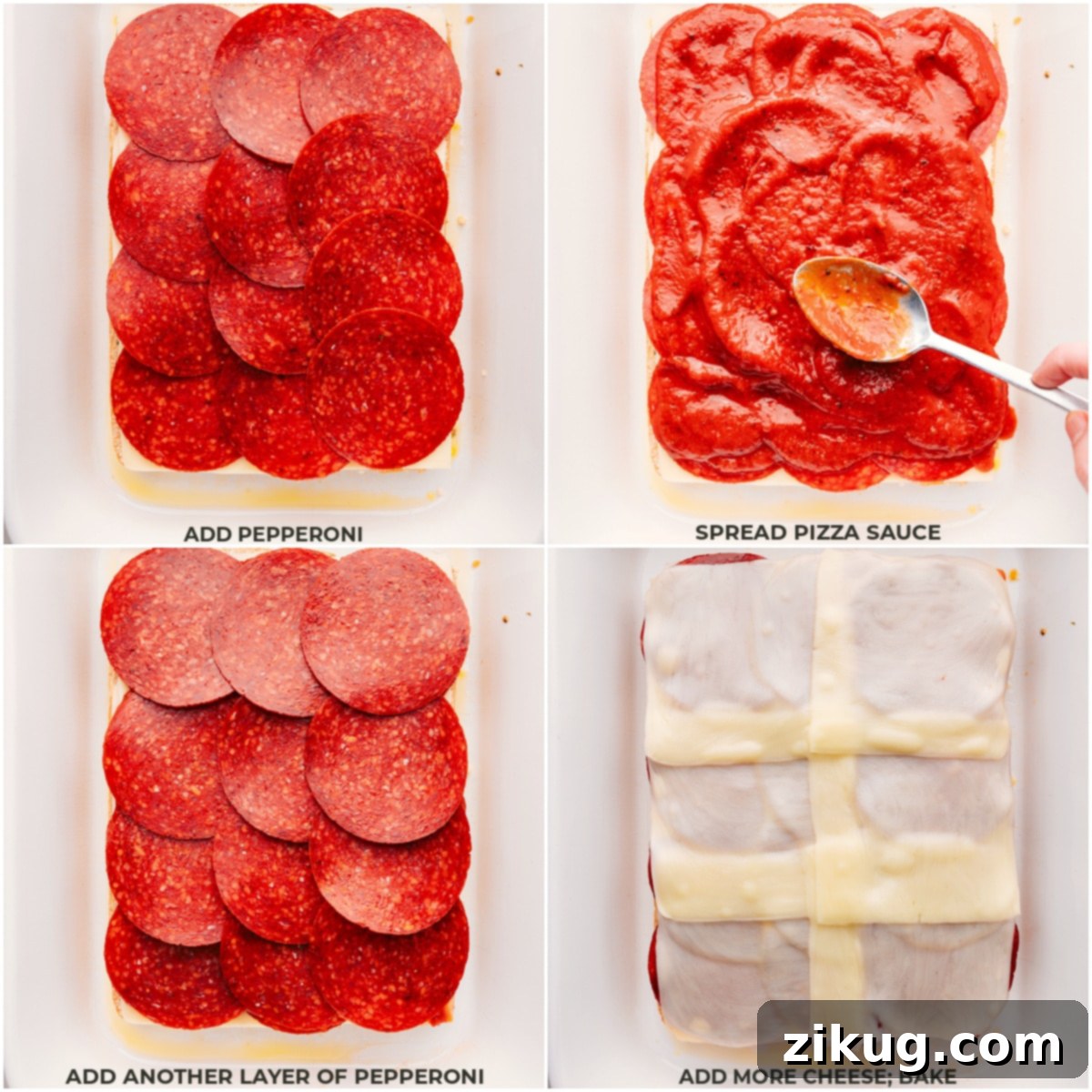 The delicious layers of pepperoni, savory pizza sauce, and gooey mozzarella cheese being carefully arranged on the bottom half of Hawaiian rolls in a baking dish.