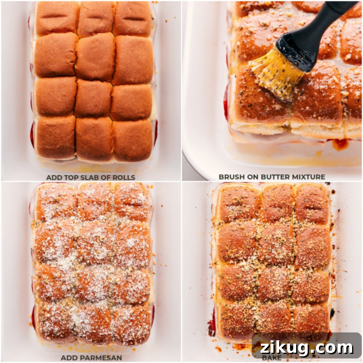 The top portion of the Hawaiian rolls being placed over the layered fillings, with garlic-herb butter being brushed on top, preparing the pizza sliders for their final bake.