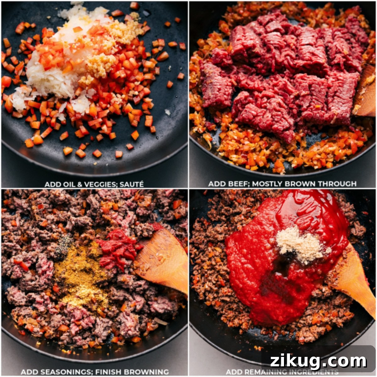 Making the Sloppy Joe Sauce for Pizza A step-by-step visual of the Sloppy Joe Pizza process: sautéing vegetables, browning beef, simmering sauce, then adding to bread and topping with cheese.