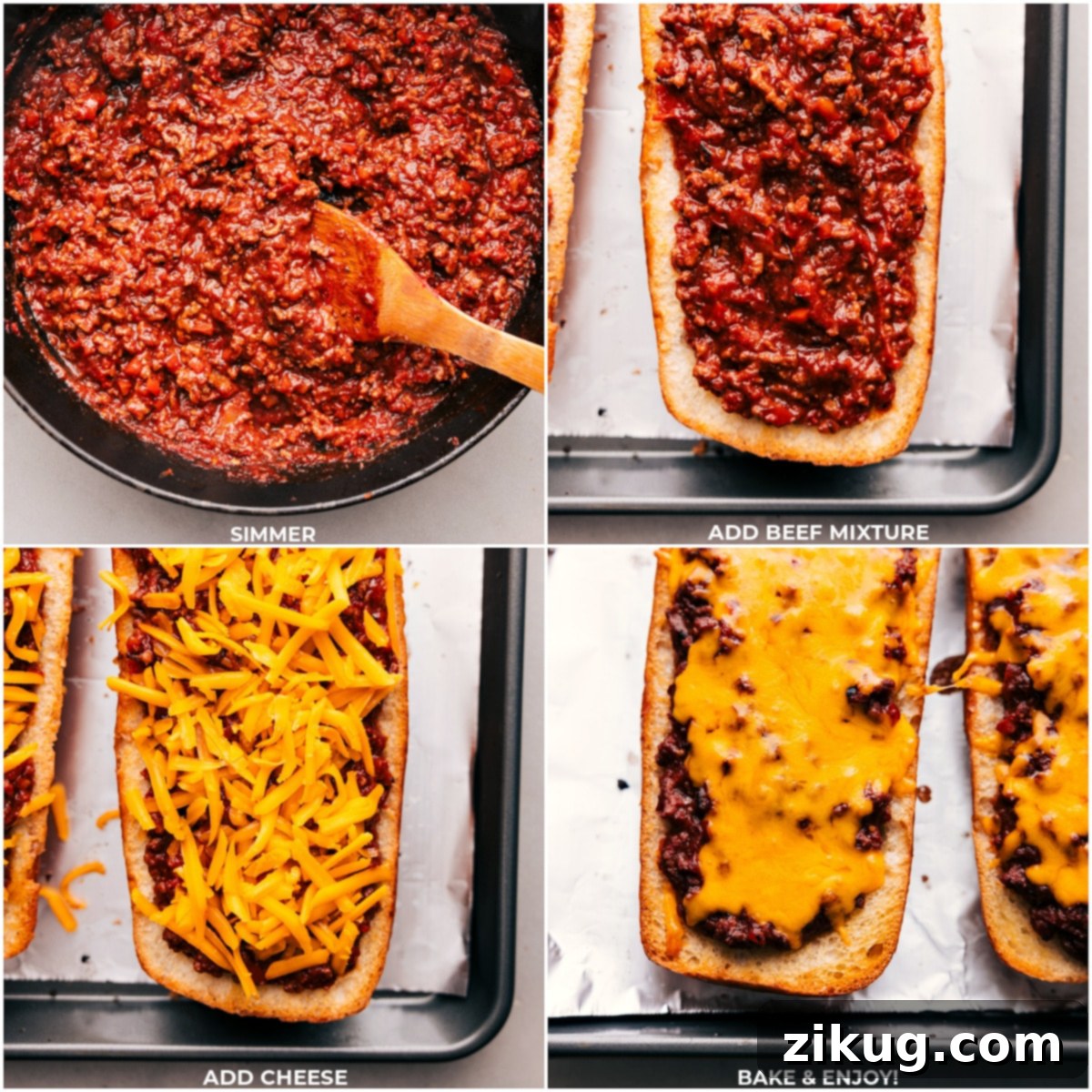 Assembling and Baking Delicious Sloppy Joe Pizzas A collage showing the steps: meat sauce simmering, being spooned onto French bread, cheese added, and the final baked Sloppy Joe Pizzas.