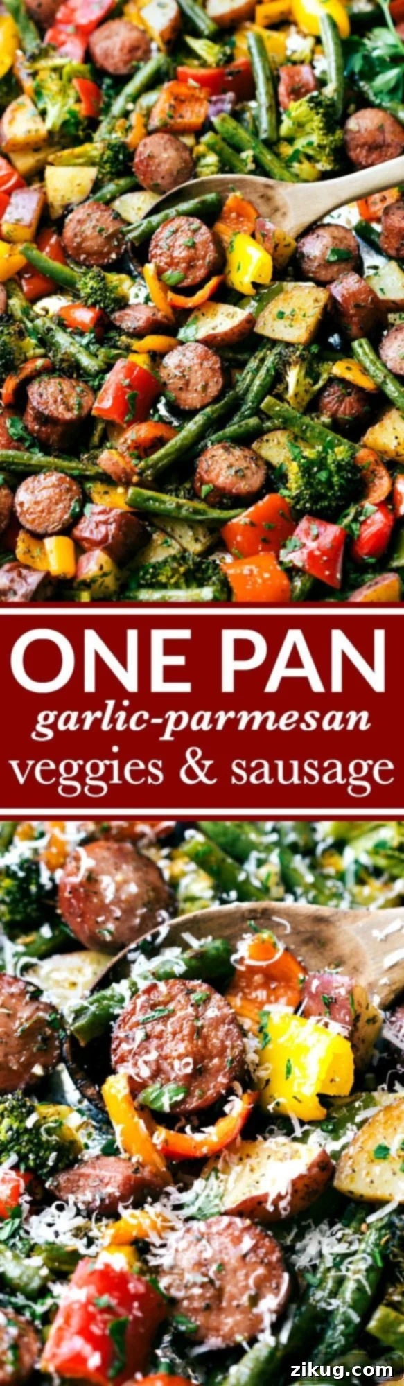 One-Pan Roasted Sausage and Veggies 2 Delicious and healthy garlic parmesan roasted veggies with savory sausage and fresh herbs, all cooked effortlessly on a single sheet pan. Perfect for quick weeknight dinners and efficient meal prepping. Recipe via chelseasmessyapron.com