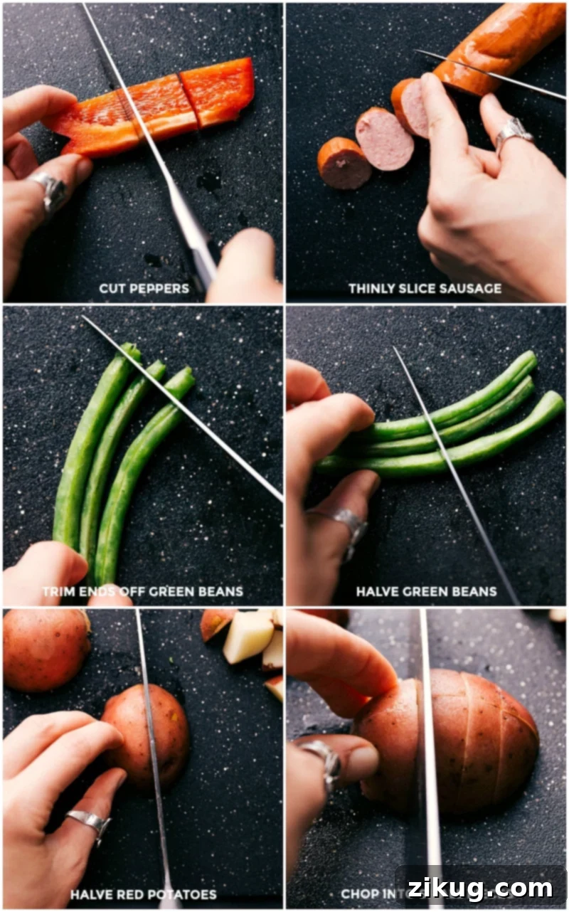 Prepping Veggies: Chopping for Recipe Assorted fresh vegetables being expertly chopped on a wooden cutting board, prepped for the wholesome sheet pan sausage and veggie recipe.