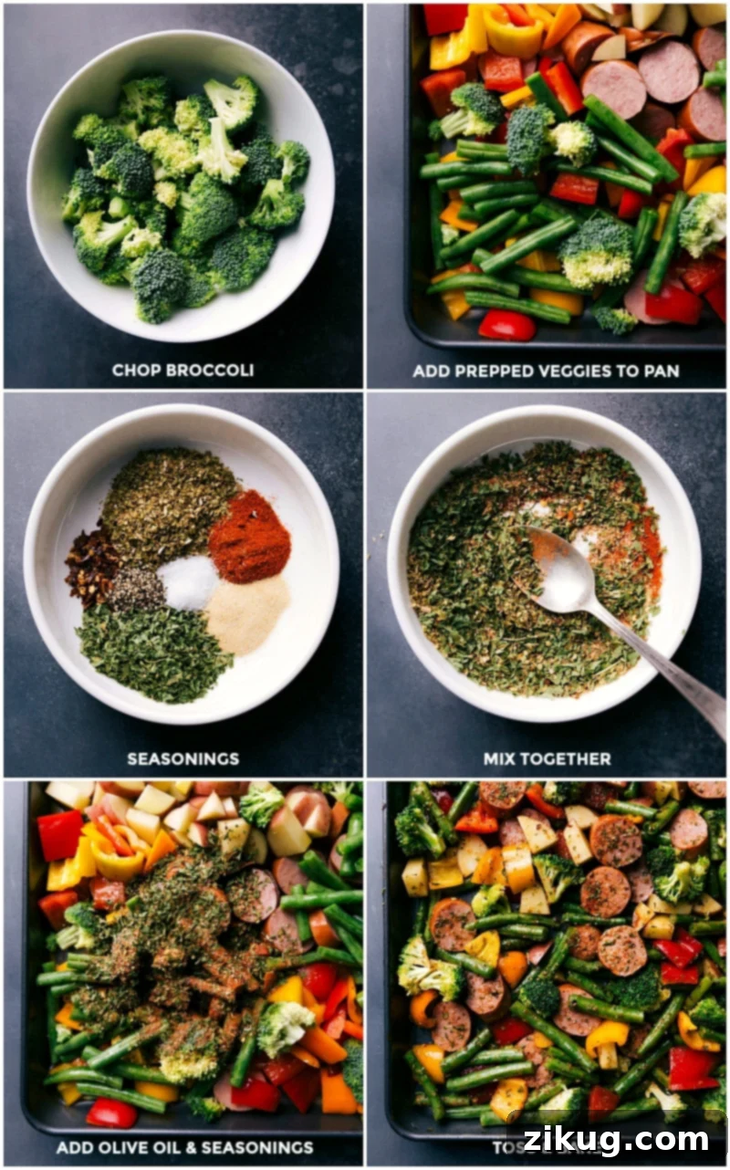Preparing Sausage and Veggie Sheet Pan: Seasoning Veggies Vibrant vegetables being tossed on a sheet pan, seasoned with a flavorful blend, in preparation for roasting alongside the delicious sausage.