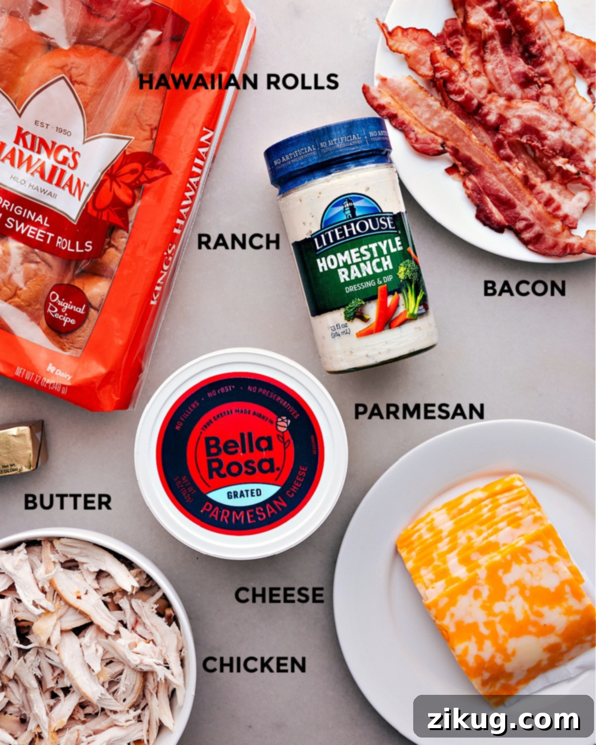 Essential Ingredients for the Best Chicken Bacon Ranch Sliders All the fresh ingredients for Chicken Bacon Ranch Sliders neatly prepped and laid out, ready for assembly.