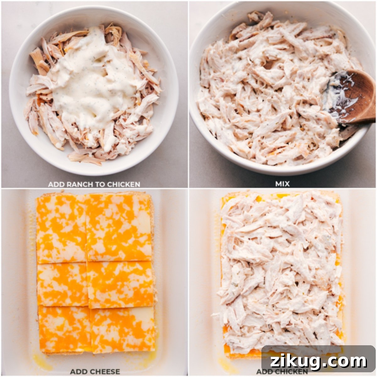 Assembling the Best Chicken Bacon Ranch Sliders Step-by-step imagery showing ranch dressing being mixed into shredded chicken, followed by the layering of cheese, chicken mixture, and bacon onto the Hawaiian roll bottoms for the sliders.