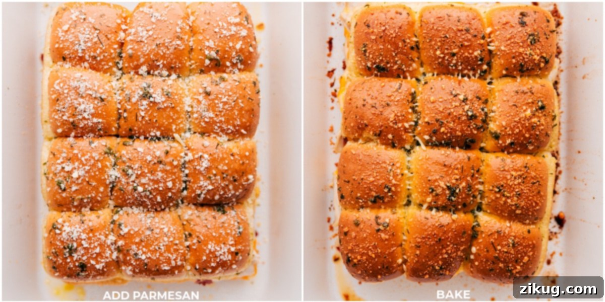 Perfectly Baked Chicken Bacon Ranch Sliders A close-up shot of golden brown Chicken Bacon Ranch Sliders, topped with grated Parmesan cheese, fresh out of the oven.