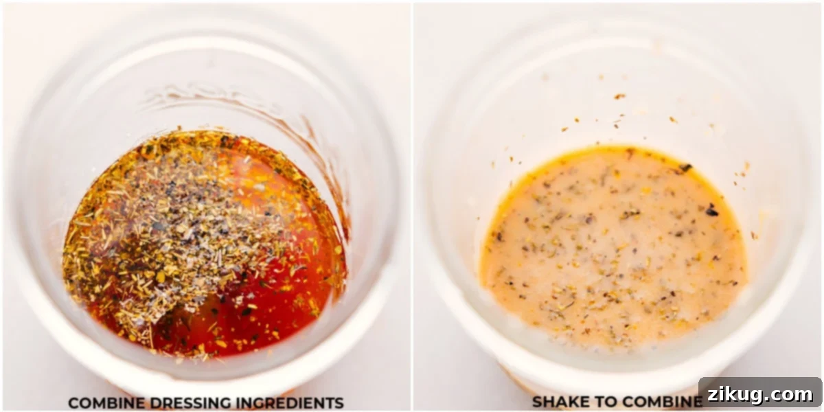 Preparing the Best Dressing for Mediterranean Orzo Salad Dressing ingredients before and after combining the ingredients in a mason jar.