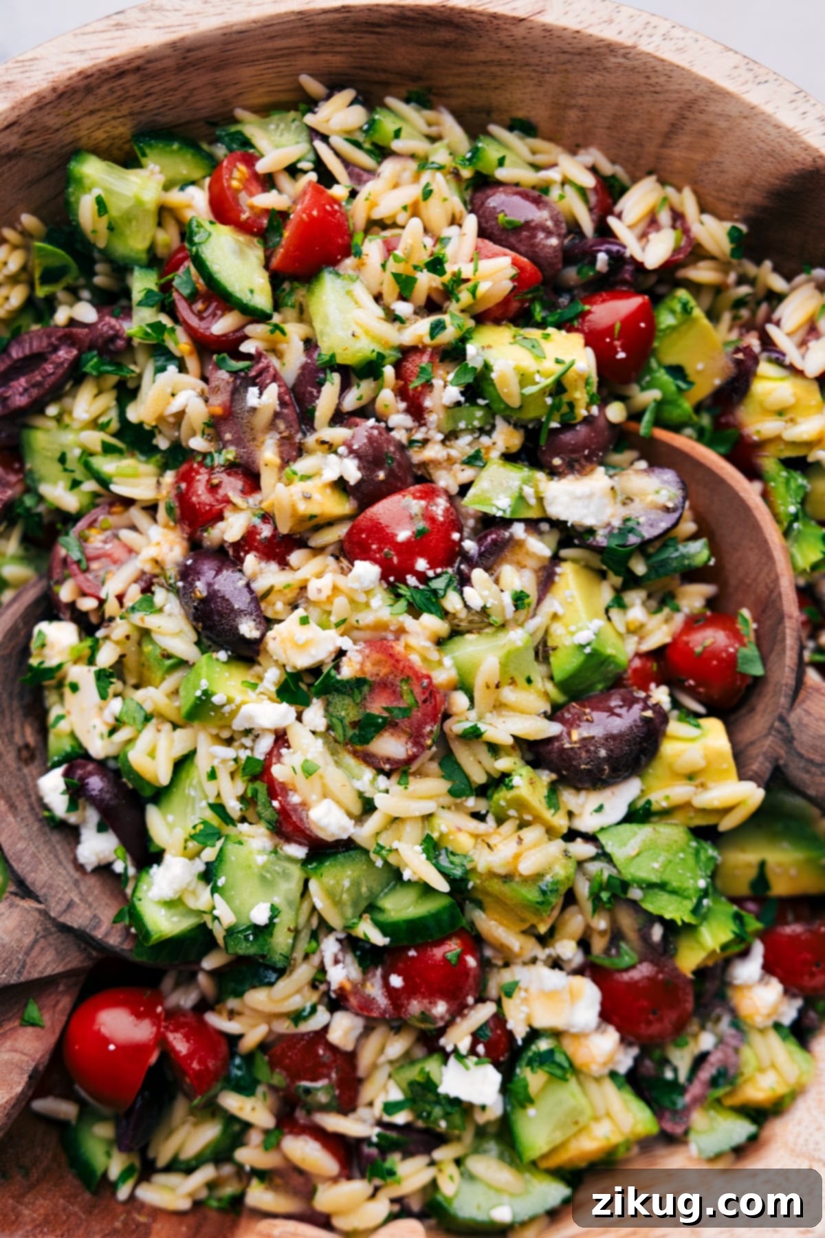 The Best Summer Dish: Mediterranean Orzo Salad The Mediterranean Orzo Salad in a bowl ready to be served.