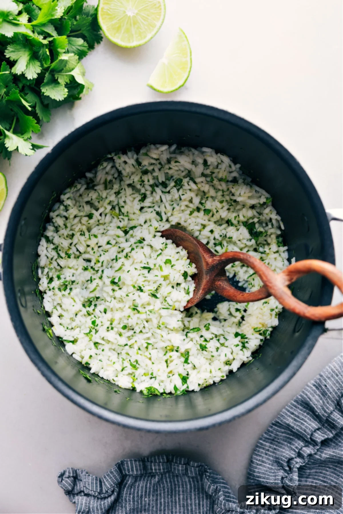 Perfectly Fluffy Cilantro Lime Rice Cilantro-Lime Rice in the pot ready to be served, showcasing its fluffy texture and vibrant green specks of cilantro.