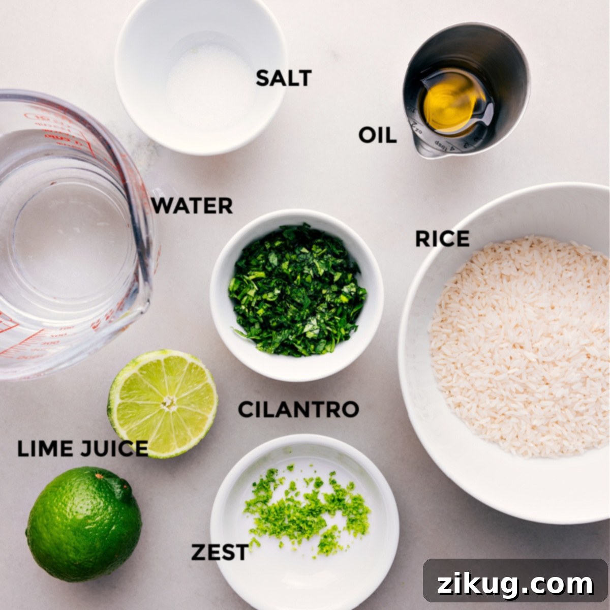 Our Favorite Cilantro-Lime Rice Ingredients All the ingredients used in this recipe prepped out for easy assembly, including long-grain white rice, fresh cilantro, vibrant limes, olive oil, and salt.