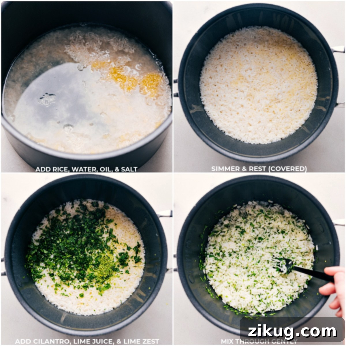 Making Cilantro Lime Rice Step-by-Step Rice, water, oil, and salt being added to a pot and cooked, then the cilantro, lime juice, and lime zest being mixed through for this Cilantro-Lime Rice recipe, showing the step-by-step process.