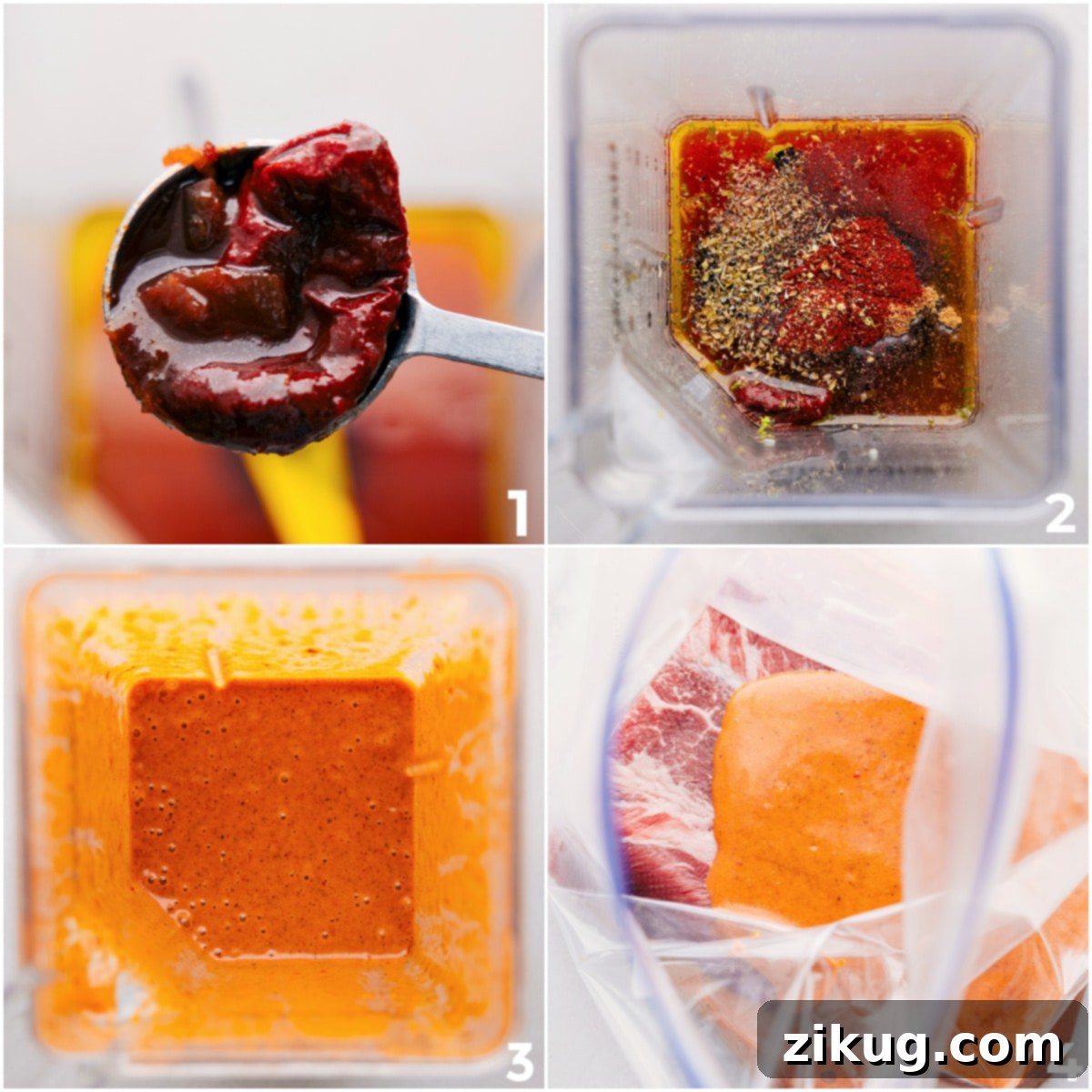 How To Make The Best Steak For A Steak Burrito Bowl Steak bowl marinade blended in a blender then poured into a bag with steak to marinate, illustrating the preparation process.
